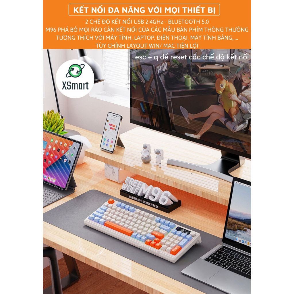 Bộ Bàn Phím Không Dây Bluetooth M96 LED 7 Màu Có Màn Hình, 2 Mode, Phím PBT Cao Cấp, Gõ Êm Chống Ồn Cho Win/ Mac OS .