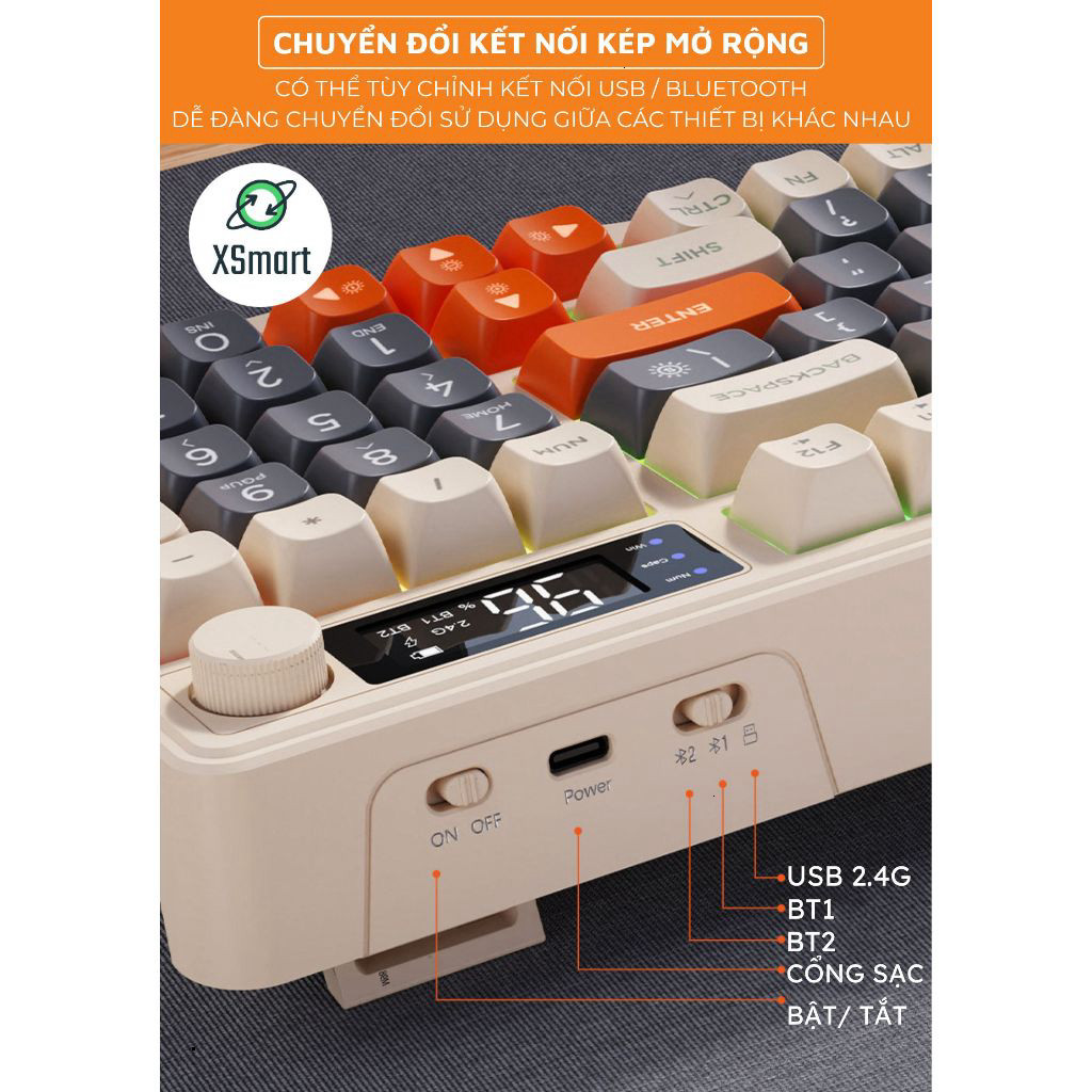 Bộ Bàn Phím Không Dây Bluetooth M96 LED 7 Màu Có Màn Hình, 2 Mode, Phím PBT Cao Cấp, Gõ Êm Chống Ồn Cho Win/ Mac OS .