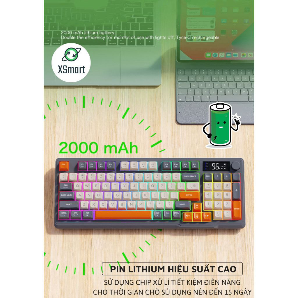 Bộ Bàn Phím Không Dây Bluetooth M96 LED 7 Màu Có Màn Hình, 2 Mode, Phím PBT Cao Cấp, Gõ Êm Chống Ồn Cho Win/ Mac OS .