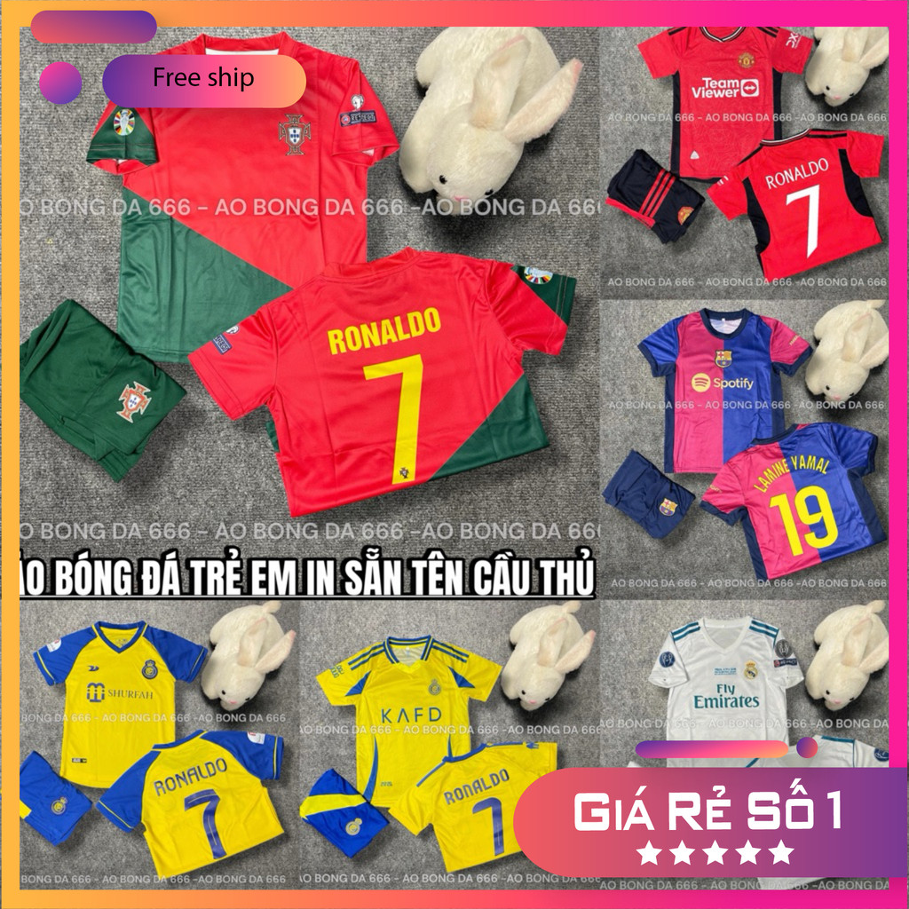 (FREE SHIP) Áo Bóng Đá, Áo Đá Banh Trẻ Em In Sẵn Ronaldo số 7 - Vải Mè Thái Cao Cấp - In Sẵn Cr7