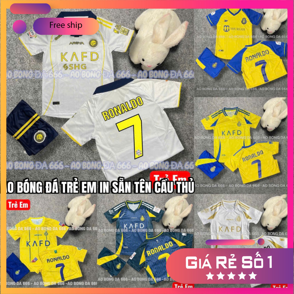 (FREE SHIP) Áo Bóng Đá, Áo Đá Banh / Trẻ Em CLB Al Nassr 2024 / 2025 - Vải Mè Kim Cao Cấp - in Sẵn Tên Ronaldo,
