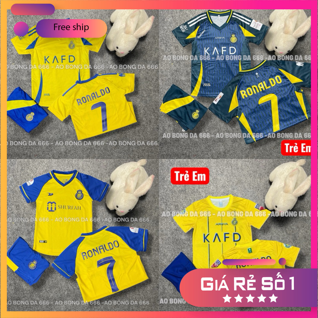 (FREE SHIP) Áo Bóng Đá, Áo Đá Banh / Trẻ Em CLB Al Nassr 2024 / 2025 - Vải Mè Kim Cao Cấp - in Sẵn Tên Ronaldo,