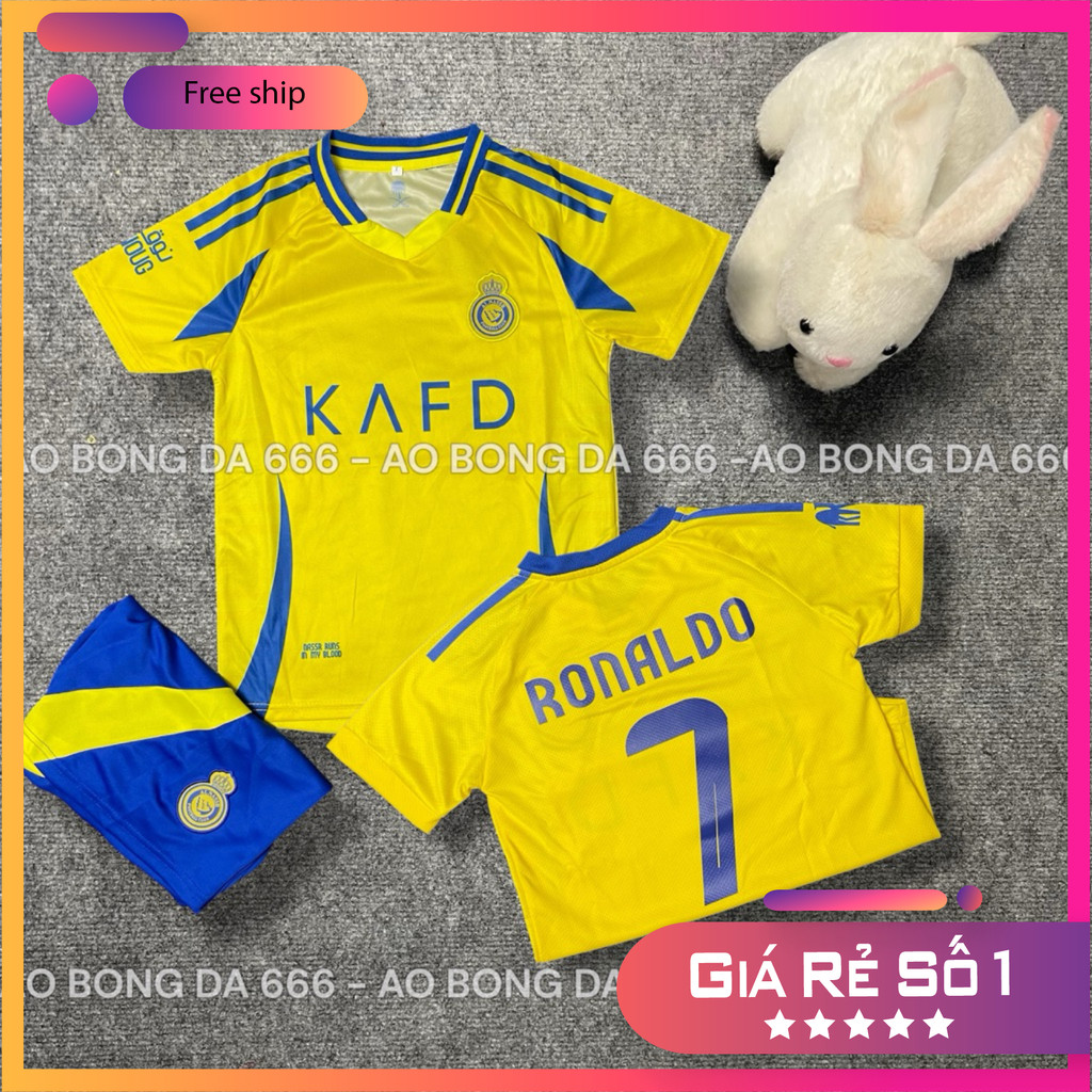 (FREE SHIP) Áo Bóng Đá, Áo Đá Banh / Trẻ Em CLB Al Nassr 2024 / 2025 - Vải Mè Kim Cao Cấp - in Sẵn Tên Ronaldo,
