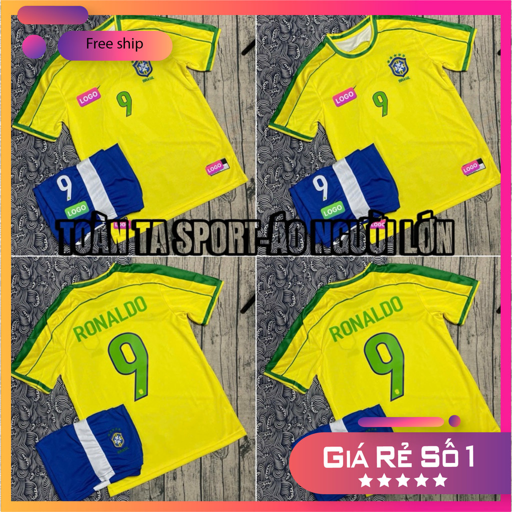 (FREE SHIP) bộ quần áo bóng đá sân nhà của đội tuyển Brazil năm 1998, với áo đấu màu vàng và quần đùi màu xanh - Vải Thá