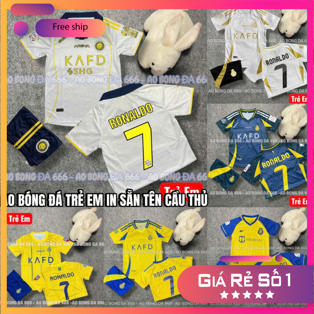 (FREE SHIP) Áo Bóng Đá, Áo Đá Banh Trẻ Em CLB AL Nassr Vàng 2024 / 2025  - Vải Mè Thái Cao Cấp - In Sẵn CR7