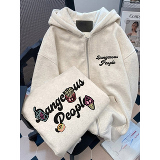 Hoodie, Áo khoác nỉ zip với chất liệu nỉ bông, in "DANGEROUS PEOPLE" Unisex - mũ to 2 lớp, tay bồng