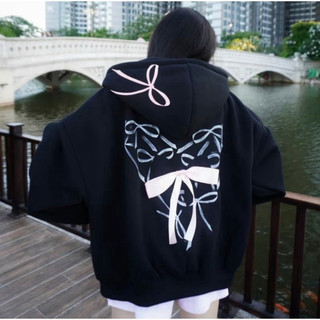 Hot Cute- Áo Khoác, Hoodie Zip PINK BOW, Nỉ Bông Khóa Kéo Form Rộng Unisex Họa Tiết Nơ Trái Tim