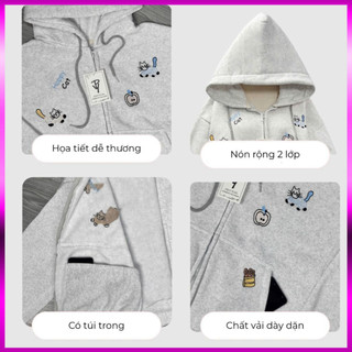 Trendy- Áo Hoodie Zip Họa Tiết Mèo Dễ Thương, Nón 2 Lớp Nỉ Bông Cao Cấp - Logo Thuê, Nỉ Dày Xịn