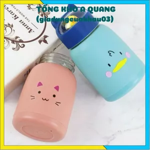 Bình nước mini cho bé dung tích 360ml lõi thủy tinh bọc nhựa thiết kế nắp thú dễ thương mang đi học