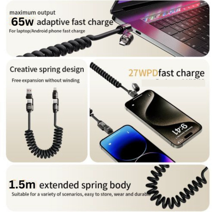 Cáp Sạc Đa Năng 4 Trong 1 Dạng Lò Xo Co Giãn - Sạc Nhanh PD 27W & 65W Cho Android, Laptop, Máy tính bảng