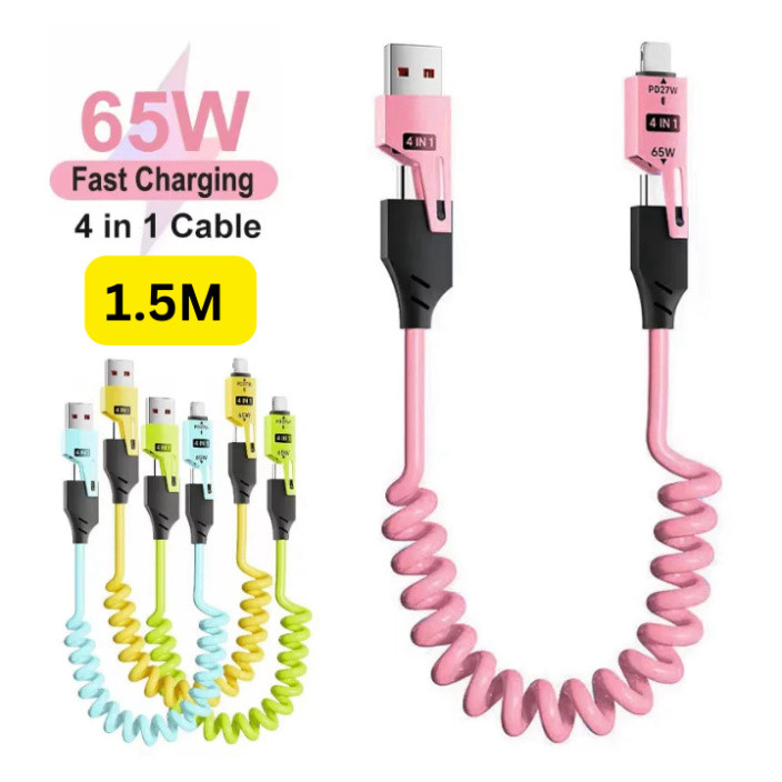 Cáp Sạc Đa Năng 4 Trong 1 Dạng Lò Xo Co Giãn - Sạc Nhanh PD 27W & 65W Cho Android, Laptop, Máy tính bảng