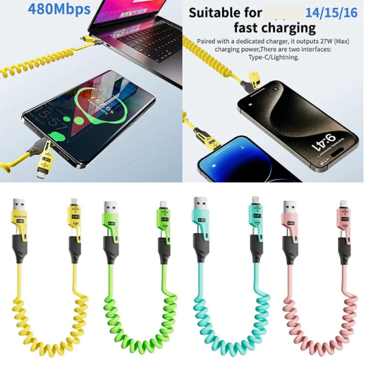 Cáp Sạc Đa Năng 4 Trong 1 Dạng Lò Xo Co Giãn - Sạc Nhanh PD 27W & 65W Cho Android, Laptop, Máy tính bảng