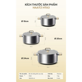 Bộ Nồi Titanium Haatz Set 3 Nồi Chống Dính Cao Cấp, Đáy Từ Dùng Mọi Loại Bếp, Truyền Nhiệt Nhanh Bền Bỉ - Bếp Của Hà