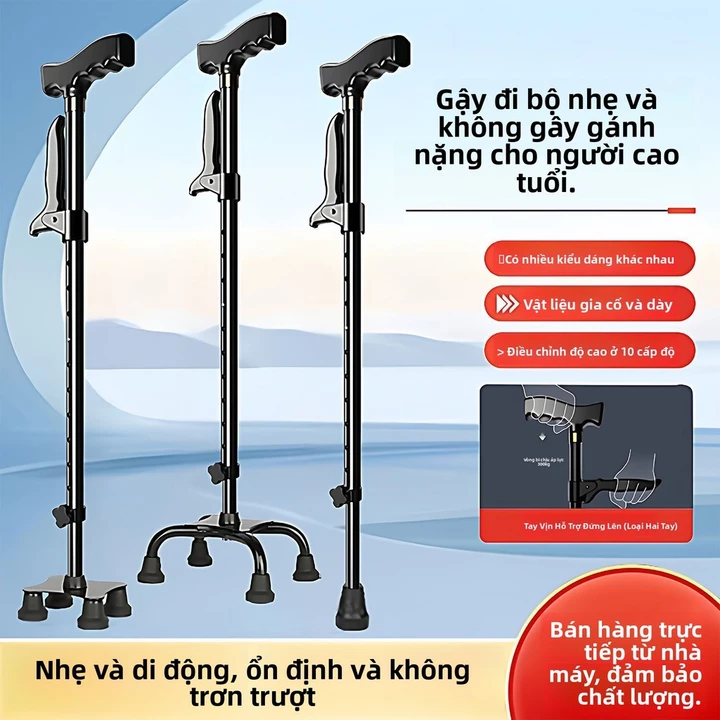 Gậy đi bộ cho người già, gậy chống trượt, gậy bốn chân, gậy thép không gỉ, gậy hợp kim nhôm, gậy đi bộ có thể kéo dài