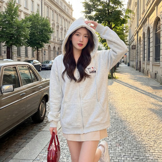 Hot Cute- Áo Khoác Nỉ, Hoodie Zip Bông Tay Dài Với Thêu Chữ LUCK Màu Xám & Túi Ẩn - Hoodiex Store