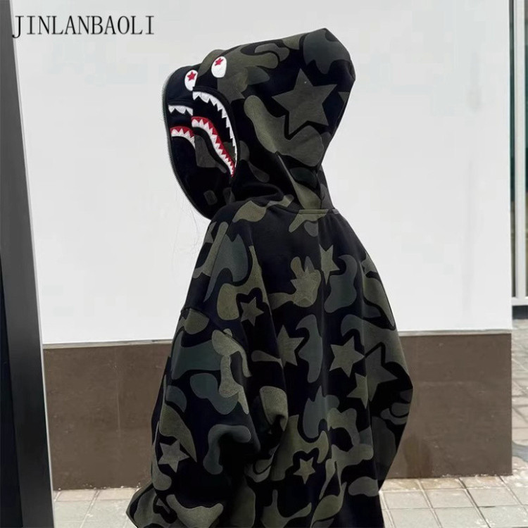 [SALE HOT] Áo hoodie cá mập camo full zip, thiết kế BAPE độc đáo, phong cách thời trang đường phố trẻ trung.  2025