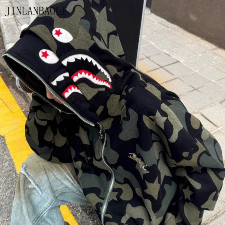 [SALE HOT] Áo hoodie cá mập camo full zip, thiết kế BAPE độc đáo, phong cách thời trang đường phố trẻ trung.  2025
