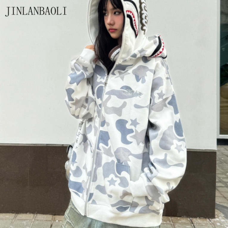 [SALE HOT] Áo hoodie cá mập camo full zip, thiết kế BAPE độc đáo, phong cách thời trang đường phố trẻ trung.  2025