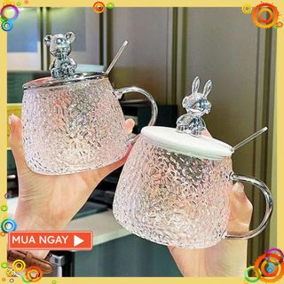 Cốc Thủy Tinh Nắp Gấu Bear Chịu Nhiệt 500ml - Tặng Kèm Thìa , Ly Thủy Tinh Chiu Nhiệt Lên Tới 150 Độ