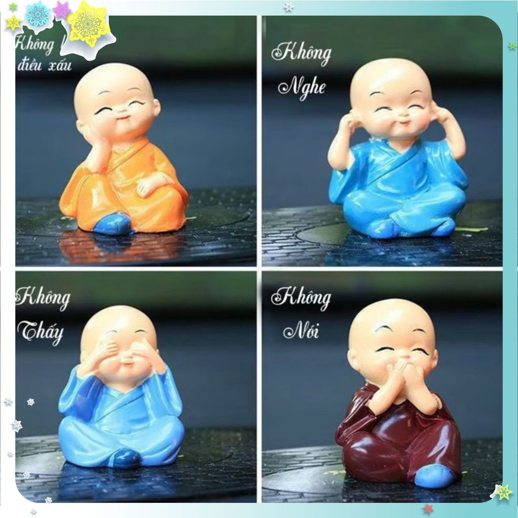 Bộ Tượng Chú Tiểu Hòa Thượng Tứ Không - Tượng Phật Phong Thủy Mini 4 Tư Thế, Trang Trí Xe Hơi, Để Bàn