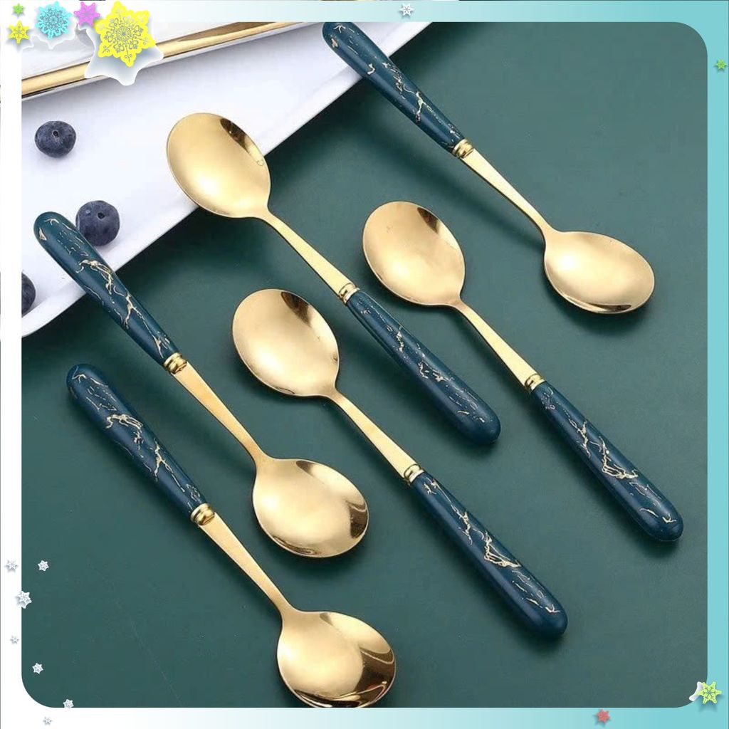 Set 6 Thìa Muỗm Ăn Cơm Dễ Thương Kèm Hộp Đựng Xinh Xắn- Bộ 6 Muỗng Mạ Vàng Cán Dài Cho Bé Ăn Dặm