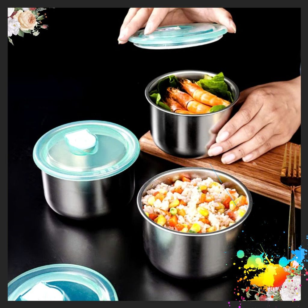 HỘP ĐỰNG THỰC PHẨM TRÒN 304 , 5 HỘP INOX TRÒN CÓ NẮP TRÒN ĐỰNG BẢO QUẢN THỰC PHẨM INOX 304 CÓ NẮP ĐẬY TIỆN DỤNG