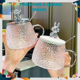 CỐC THỦY TINH NẮP GẤU BEAR CHỊU NHIỆT 500ML - Cốc Tặng Kèm Thìa, Ly Thủy Tinh Chiu Nhiệt Lên Tới 150 Độ