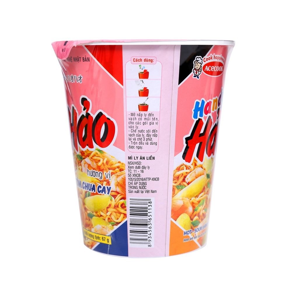Mì Ly, Mì Tôm Hảo Hảo Handy, Mì Tôm Ăn Liền Acecook, Vị Tôm Chua Cay Thơm Ngon, Thùng 24 Ly, 30 gói Tiện Lợi