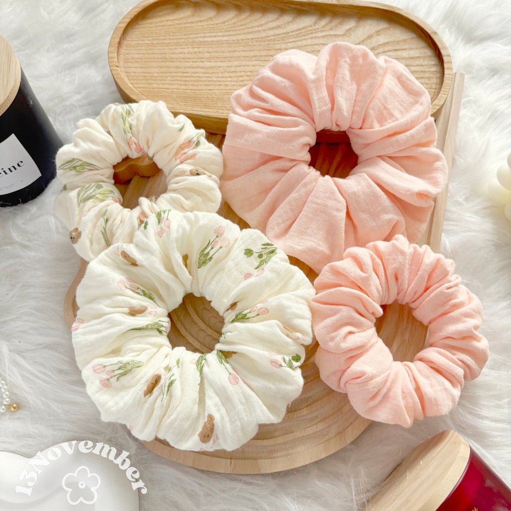 [SIÊU TO] Scrunchies Set Cột Tóc Vải Hoạ Tiết Gấu Hoa Tulip Hồng Xinh Xắn Dễ Thương Phồng To | BigBuy360 - bigbuy360.vn