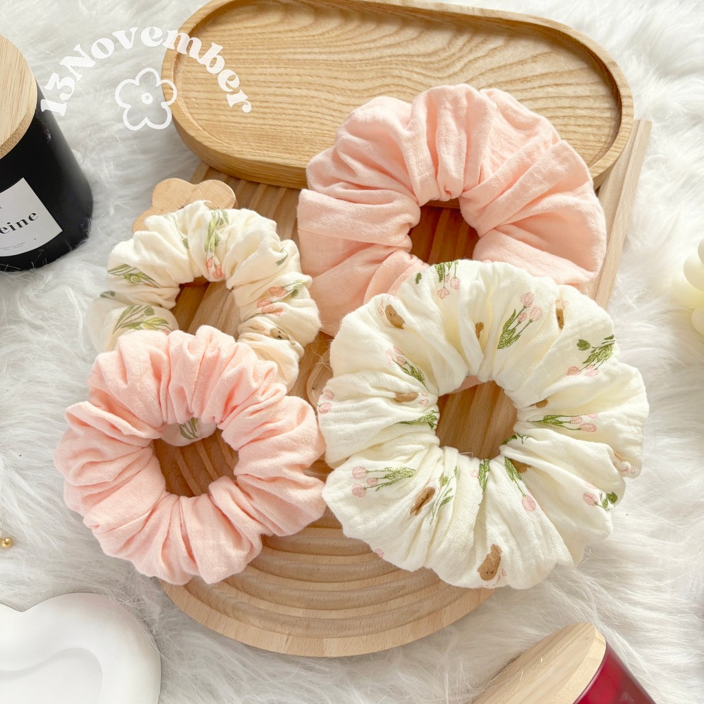 [SIÊU TO] Scrunchies Set Cột Tóc Vải Hoạ Tiết Gấu Hoa Tulip Hồng Xinh Xắn Dễ Thương Phồng To | BigBuy360 - bigbuy360.vn