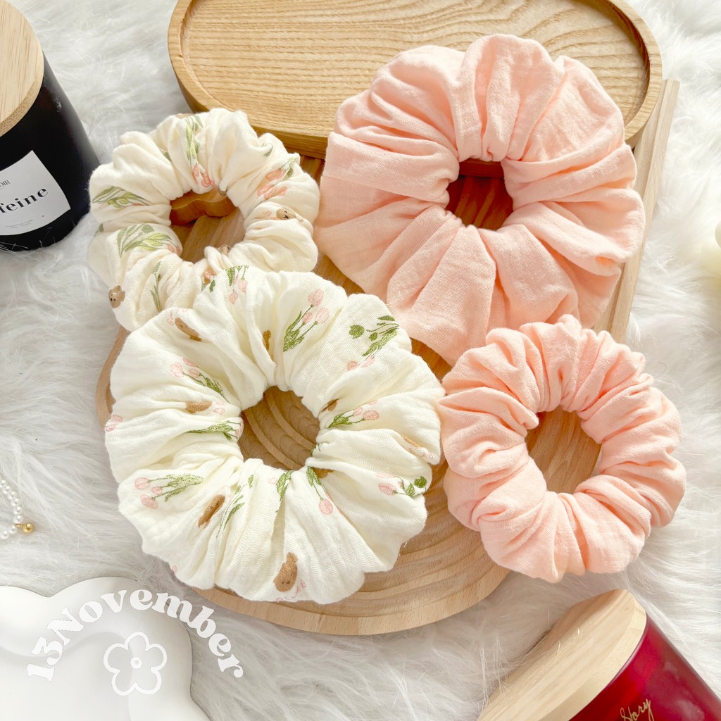 [SIÊU TO] Scrunchies Set Cột Tóc Vải Hoạ Tiết Gấu Hoa Tulip Hồng Xinh Xắn Dễ Thương Phồng To | BigBuy360 - bigbuy360.vn