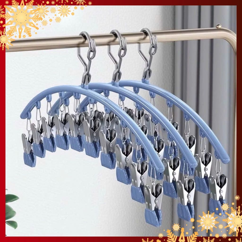 MÓC TREO TẤT VỚ INOX 10 KẸP CÓ KHÓA CHỐNG GIÓ CHỐNG RƠI - Móc Phơi Đồ Sơ Sinh - Móc Inox Đa Năng