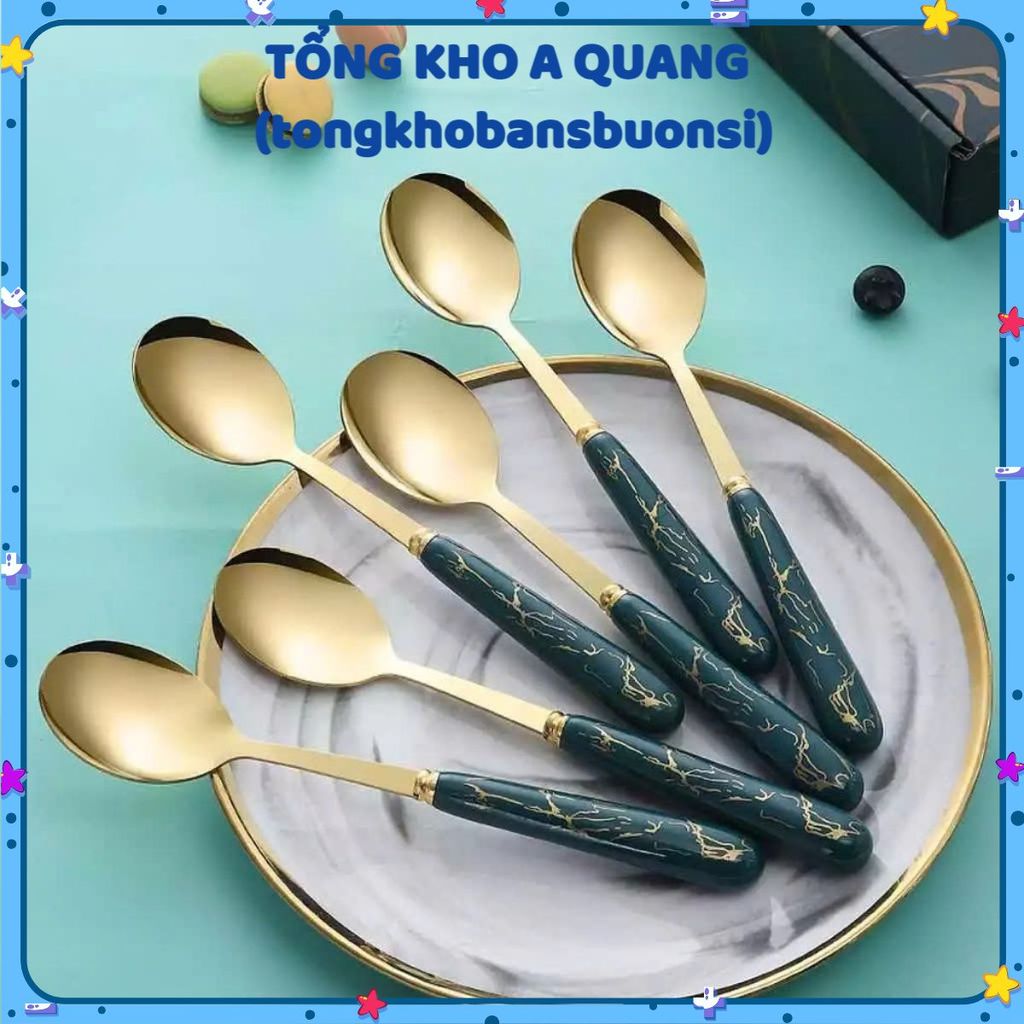 Set 6 Thìa Dễ Thương Kèm Hộp Đựng Xinh Xắn- Bộ 6 Thìa Xanh Mạ Vàng Cán Dài Cho Bé Ăn Dặm, THÌA ĂN DẶM