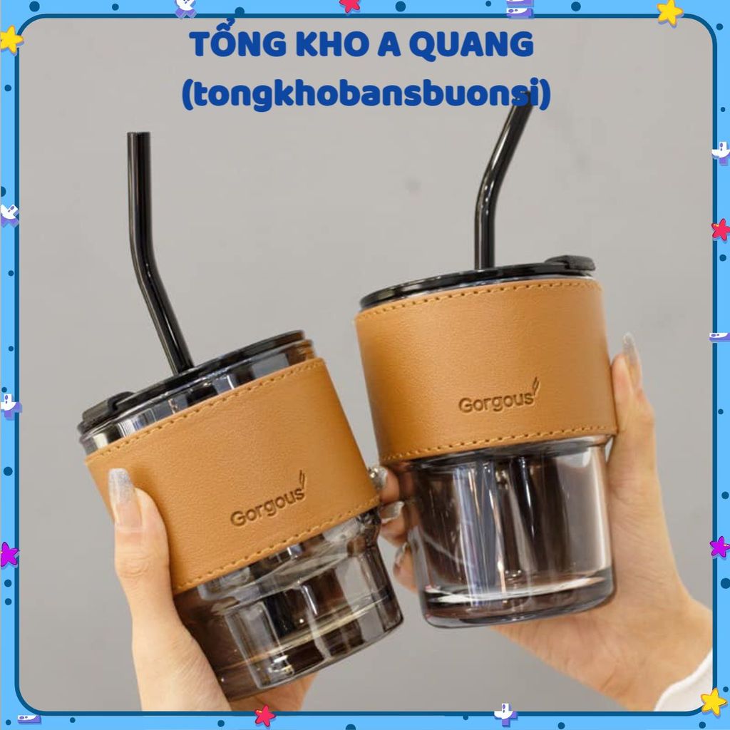 Cốc Thủy Tinh GORGOUS Có Nắp , Coc Kèm Ống Hút Và Bao Da Đi Kèm - Ly Uống Nước 450ml Có 2 Màu - COC7