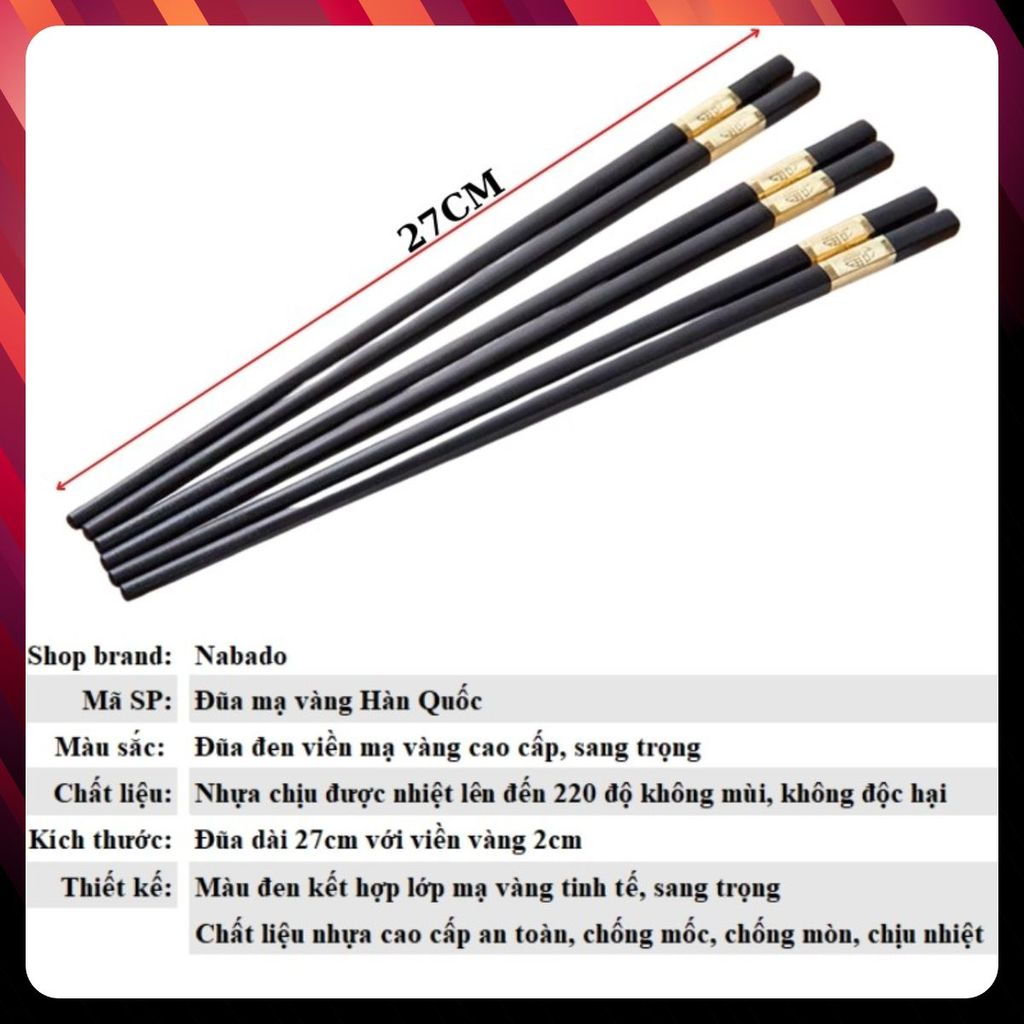 Đũa Mạ Vàng Hàn Quốc Nhựa Đen Nhật Cao Cấp - BỘ 10 ĐÔI ĐŨA CHỐNG TRƠN CHỐNG MỐC CHỊU NHIỆT