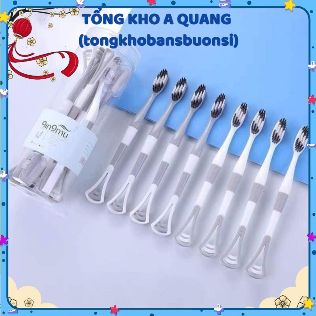 Hộp 8 Bàn Chải Đánh Răng 2 Đầu Kèm Cạo Lưỡi , Bàn Chải Đánh Răng 2 In 1 Có Đầu Cạo Lưỡi, Bàn Chải Đánh Răng Kèm Cạo Lưỡi
