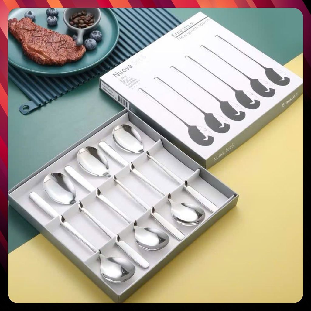 Bộ 6 Muỗng Inox Cán Dài Vô CÙng Tiện Lợi - HỘP 6 THÌA INOX 304 XỊN - THÌA ĂN CƠM - MUỖM ĂN PHỞ CAO CẤP - MÃ: THIAANCOM1