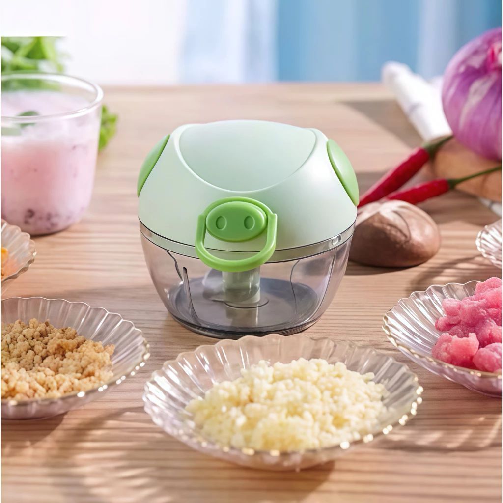 Máy Xay Tỏi Ớt Đa Năng Mini Cầm Tay Loại Mới - Dụng cụ xay tỏi ớt mini dây rút hình lợn dễ thương lưỡi thép không gỉ
