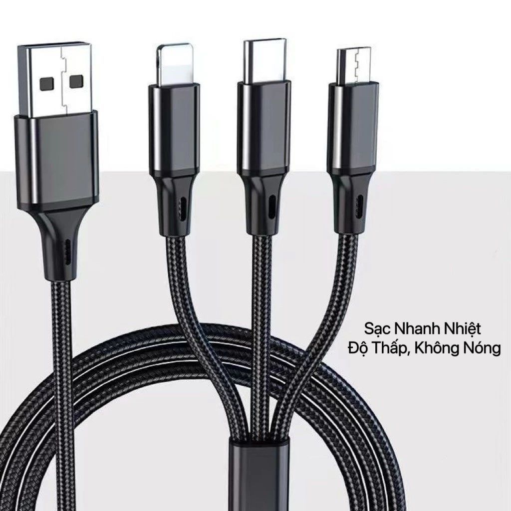 CÁP SẠC NHANH - Dây Sạc Tự Ngắt Bọc Dù 100W Tích Hợp 3 Cổng Micro Usb Type C 3In1
