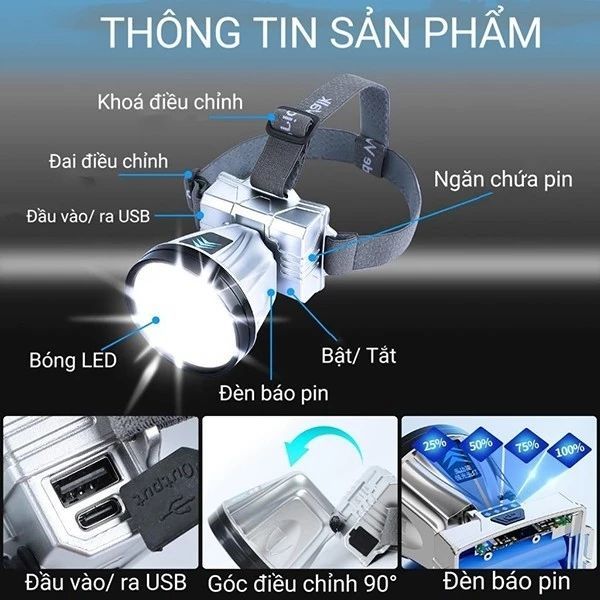 ĐÈN PIN 1 PHA T998 - Đèn pin đội đầu - đèn pin soi ếch - đ.èn p.in có s.ạc đi.ện th.oại - đèn pin 1 pha