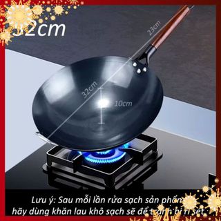 CHẢO XÀO SÂU LÒNG SIZE 32 - Chảo Thép Chống Dính Chiên Xào-Chảo Thép Tôi Sẵn Kháng Rỉ - Chống Dính Cán Gỗ Sồi Cao Cấp