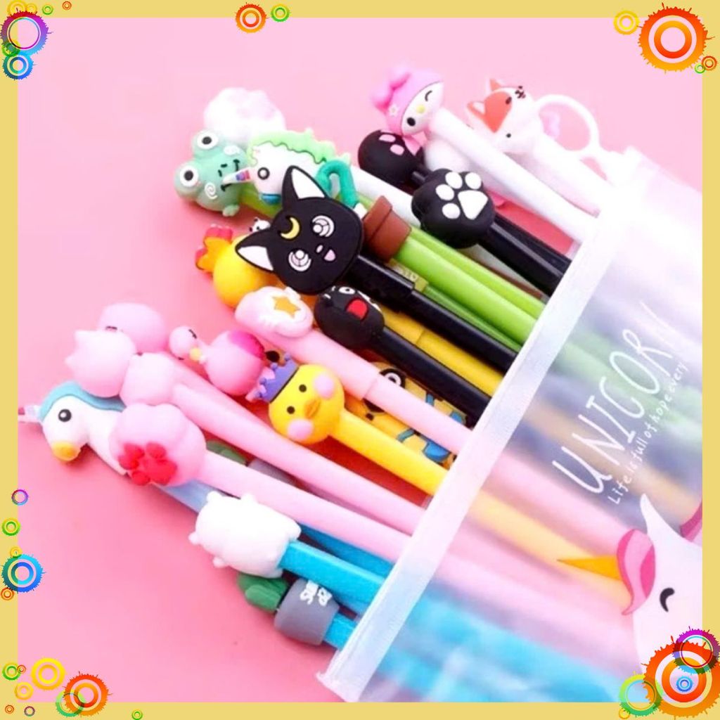 SET BÚT BI ĐẦU THÚ- Combo 20 Bút Bi Đầu Hình Thú Tặng Kèm Túi Zip - MA: BUT BI DAU THU 858