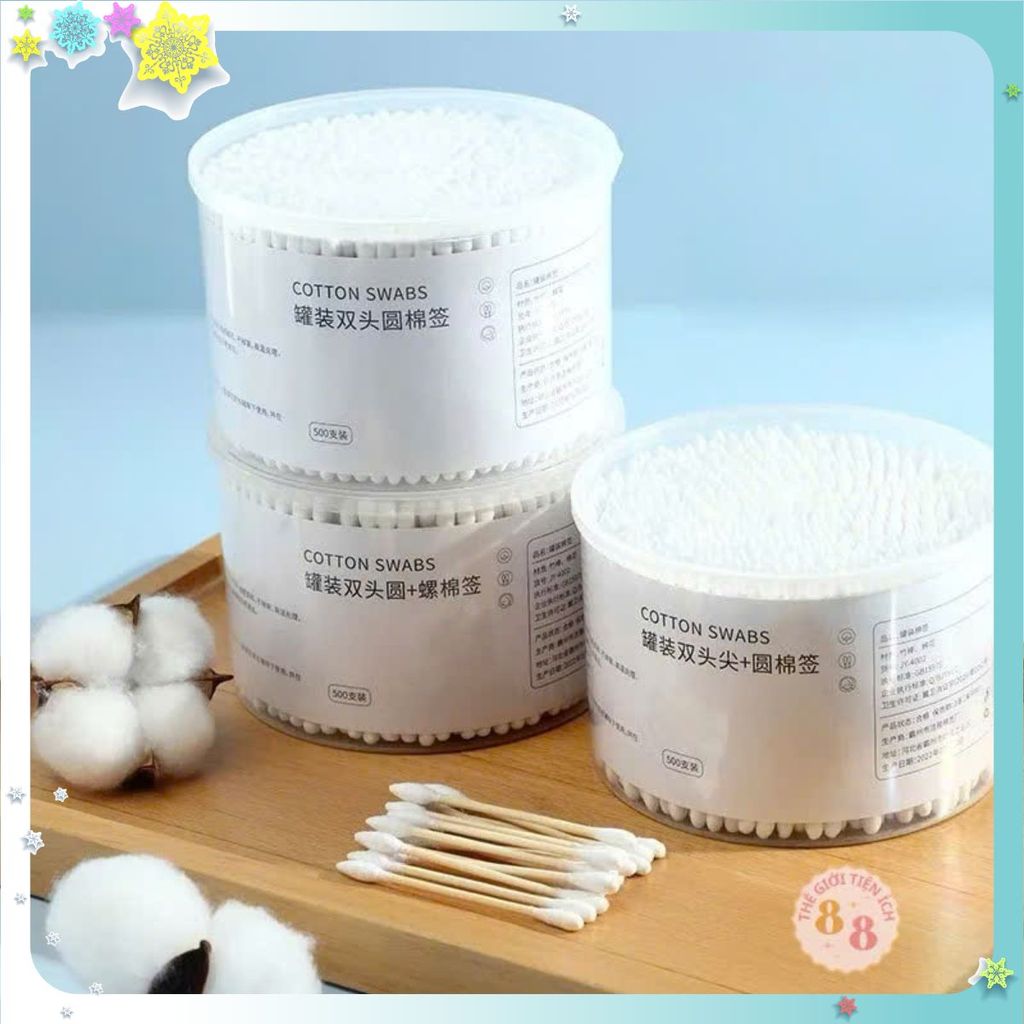 HỘP 500 TĂM BÔNG THÂN GỖ (THÙNG 120)- Hộp lớn 500 que tăm bông y tế- tăm bông trang điểm- spa- bông ngoáy tai que gỗ-M9