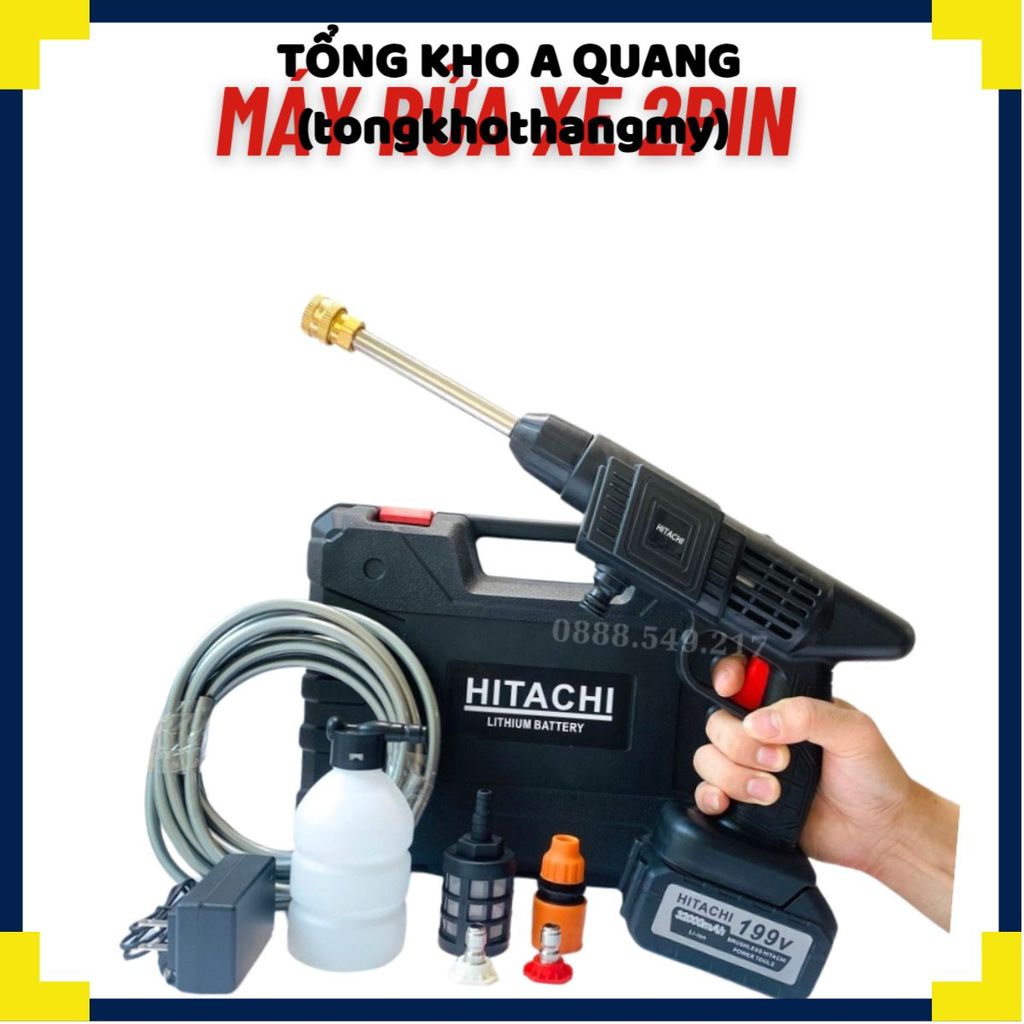 (+2 PIN) Máy Rửa Xe Ô Tô, Xe Máy Gia Đình Cầm Tay Lõi Đồng Chạy Pin199V 45000mAH Công Suất 600w Cực Khỏe Rửa Xe, Rửa Nhà