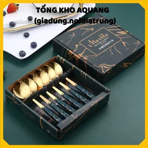 Thìa Inox Mạ Vàng Màu Xanh Ngọc Vân Đá Xinh Xỉu Phong Cách Châu Âu Cao Cấp Kèm Hộp