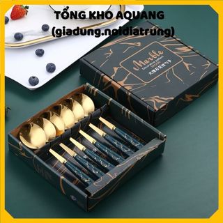 (ComBo 6 Thìa) Thìa Inox Mạ Vàng Màu Xanh Ngọc Vân Đá Xinh Xỉu Phong Cách Châu Âu Cao Cấp Kèm Hộp