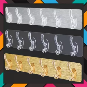 COMBO VỈ THANH 6 MÓC - Móc Dán Tường Siêu Dính Trong Suốt- Móc Treo Đồ- Quần Áo- Khăn- Đồ Dùng Nhà Bếp