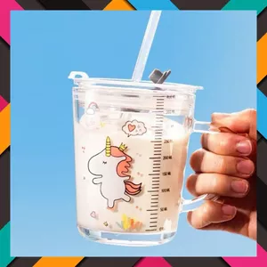 Cốc Pha Sữa Thuỷ Tinh Chia Vạch Có Nắp Và Ống Hút - CỐC CHIA VẠCH - MÃ: COC 0024