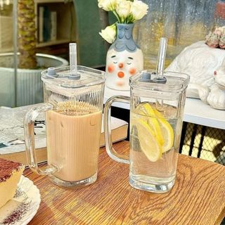 Cốc Nước Thủy Tinh Hình Vuông Có Nắp Nhiều Màu Chất Liệu Borosilicate - LY THUỶ TINH VUÔNG CÓ QUAI NẮP, ỐNG HÚT 300ML #