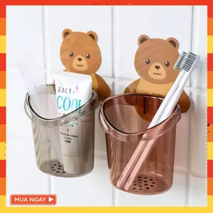 COMBO CỐC GẤU DÁN TƯỜNG - Cốc Gấu Đa Năng Để Bàn Chải- Kem Đánh Răng Hình Gấu Có Lỗ Thoát Nước Tiện Lợi